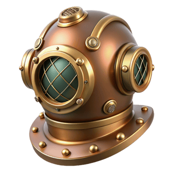 magnificent creative A steampunk diver helmet with brass rivets and a large circular glass faceplate, underwater lighting effects, realistic rendering premium png
