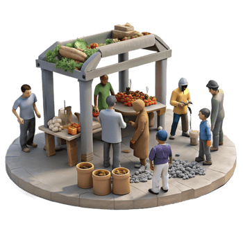 elegant modern A group of survivors barters for goods in a makeshift marketplace within a bombed-out stadium, bustling, gritty, realistic, ambient lighting high resolution png