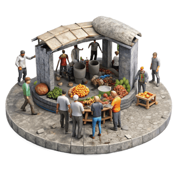 beautiful traditional A group of survivors barters for goods in a makeshift marketplace within a bombed-out stadium, bustling, gritty, realistic, ambient lighting original png