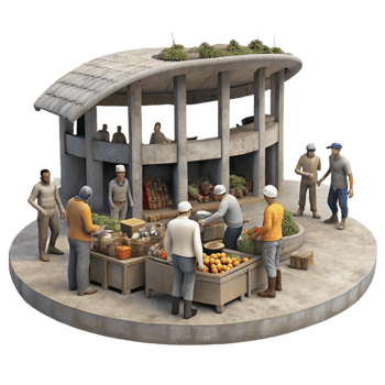 dramatic classic A group of survivors barters for goods in a makeshift marketplace within a bombed-out stadium, bustling, gritty, realistic, ambient lighting professional png