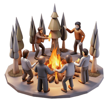 stunning artistic A group of survivors performs a ritual around a bonfire amidst a desolate forest, mystical, firelight, painterly original png