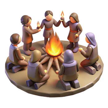extraordinary traditional A group of survivors performs a ritual around a bonfire amidst a desolate forest, mystical, firelight, painterly professional png