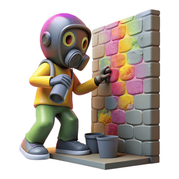 magnificent contemporary A lone figure in a gas mask paints a mural on the wall of a ruined building, expressing hope, vibrant colors, street art style, natural lighting 4K png