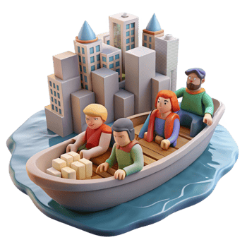 beautiful minimalist A group of survivors sails across a flooded city in a makeshift boat, serene, watercolor style, soft lighting genuine png
