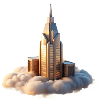 serene artistic Art Deco skyscraper piercing a swirling fog, sunrise, soft lighting, art deco style authentic png