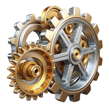 wonderful minimalist Steampunk gears interconnected, intricate clockwork mechanism, metallic reflections, studio lighting 4K png