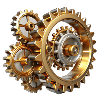 stunning artistic Steampunk gears interconnected, intricate clockwork mechanism, metallic reflections, studio lighting detailed png