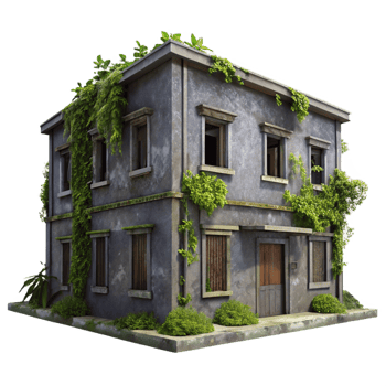 beautiful abstract A dilapidated building with boarded-up windows and overgrown vines, overcast, muted lighting, urban decay style authentic png