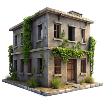 stunning contemporary A dilapidated building with boarded-up windows and overgrown vines, overcast, muted lighting, urban decay style genuine png