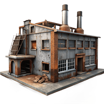 elegant creative An abandoned factory with broken windows and rusty machinery, overcast, dim lighting, grunge style high quality png