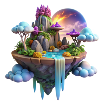 wonderful vintage A floating island in a vibrant alien sky, covered in exotic flora and waterfalls cascading into the clouds below. Lit by a binary sunset. Style fantasy art high resolution png
