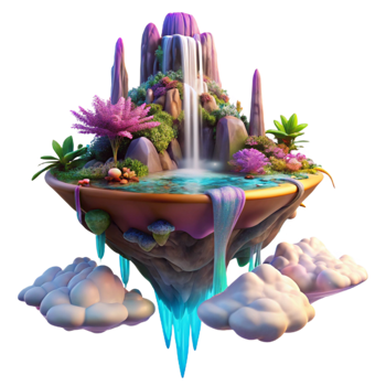 serene classic A floating island in a vibrant alien sky, covered in exotic flora and waterfalls cascading into the clouds below. Lit by a binary sunset. Style fantasy art high quality png