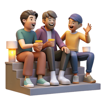 stunning modern A group of friends sitting on a stoop, laughing and talking, evening, warm lighting, slice-of-life style high quality png