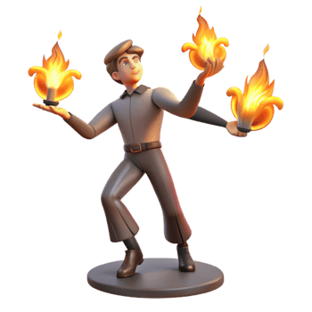 serene contemporary A street performer juggling fire in a crowded square, night, dramatic lighting, performance art style 4K png