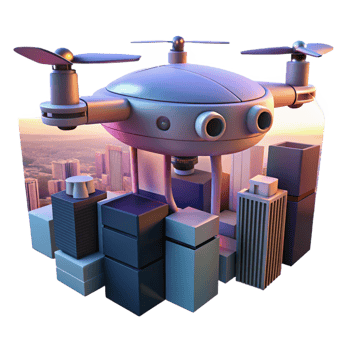 stunning minimalist A delivery drone flying over a cityscape, dusk, twilight lighting, futuristic style genuine png