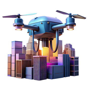 beautiful contemporary A delivery drone flying over a cityscape, dusk, twilight lighting, futuristic style professional png