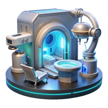 serene vintage A futuristic medical bay with holographic displays and advanced robotic surgical equipment, illuminated by sterile, white light. Style photorealistic high resolution png