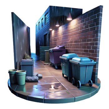 impressive traditional A rain-soaked alley with overflowing dumpsters and graffiti, night, dim lighting, gritty style professional png