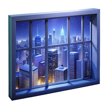 magnificent classic A view from a skyscraper window overlooking a cityscape, night, twinkling lights, panoramic style high quality png