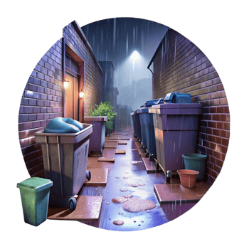 stunning traditional A rain-soaked alley with overflowing dumpsters and graffiti, night, dim lighting, gritty style premium png