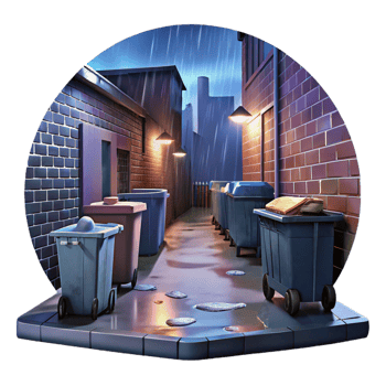 beautiful modern A rain-soaked alley with overflowing dumpsters and graffiti, night, dim lighting, gritty style detailed png