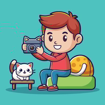 Adorable Man Affectionately Photographs a Cat on a Cozy Pillow in Cartoon Style vector