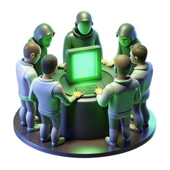 vibrant classic A group of hackers huddled around a glowing console in a dimly lit basement, bathed in the green light of the screen. Cyberpunk, gritty realism, photorealistic authentic png