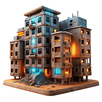 vibrant traditional A dilapidated apartment complex with holographic projections flickering across broken windows, under a polluted, orange sky. Cyberpunk, dystopian, matte painting high quality png