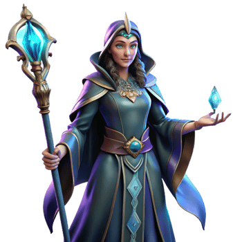elegant traditional Portrait of a powerful sorceress with flowing robes and a staff, mystical, glowing lighting, fantasy art style detailed png
