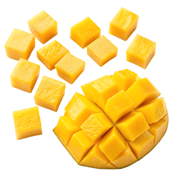 Fresh juicy mango cubes, isolated on black background. png