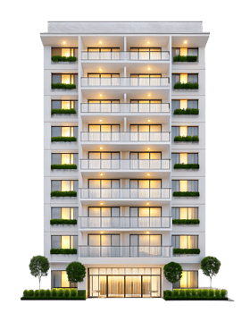 Night view of a modern apartment building with balconies and lights. png