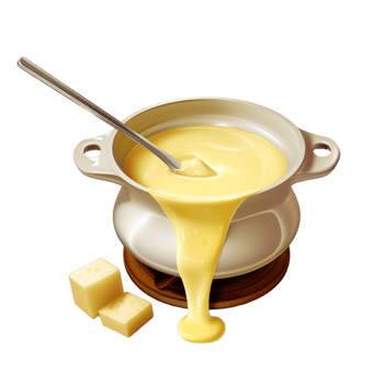 Creamy melted cheese in a small pot a spoon inside png
