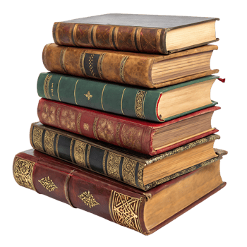 Stack of antique books with ornate covers. Knowledge, history, literature. png