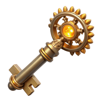 dramatic classic A detailed steampunk key with intricate carvings and clockwork mechanisms, illuminated by a single beam of light authentic png