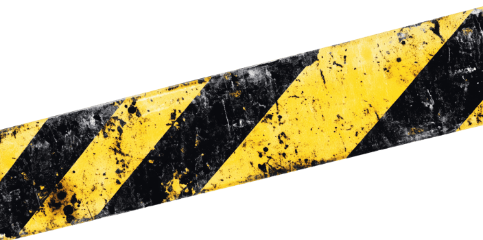 Old black and yellow caution tape with diagonal stripes, isolated on transparent background png