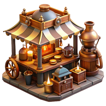 wonderful contemporary A bustling steampunk marketplace filled with vendors selling curious gadgets and contraptions, lit by warm, flickering gaslight exclusive png