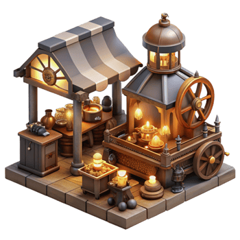 wonderful vintage A bustling steampunk marketplace filled with vendors selling curious gadgets and contraptions, lit by warm, flickering gaslight exclusive png