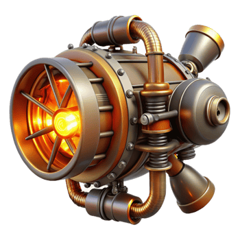 impressive artistic A powerful steampunk airship engine with spinning turbines and glowing vacuum tubes, illuminated by a fiery, orange light exclusive png