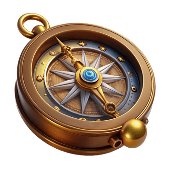 dramatic rustic A detailed steampunk compass with ornate carvings and a spinning needle, illuminated by a soft, ambient light genuine png