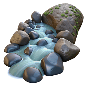 dramatic contemporary A babbling brook flowing over rocks, long exposure photography, natural lighting high quality png