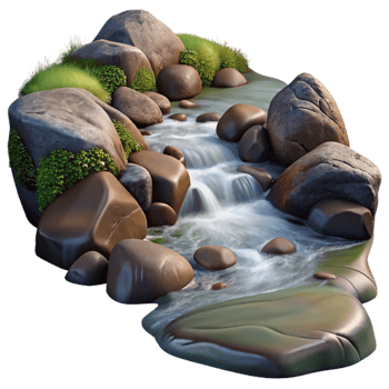 dramatic traditional A babbling brook flowing over rocks, long exposure photography, natural lighting exclusive png