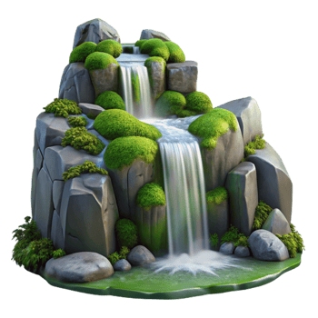 elegant rustic A cascading waterfall flowing over smooth, moss-covered rocks, long exposure photography, serene atmosphere original png