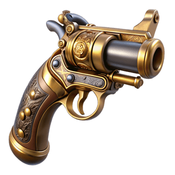 serene rustic A steampunk pistol, ornate engravings, polished wood grip, spinning brass cylinder, dramatic lighting, hyperrealistic style detailed png