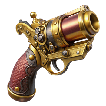 serene modern A steampunk pistol, ornate engravings, polished wood grip, spinning brass cylinder, dramatic lighting, hyperrealistic style original png