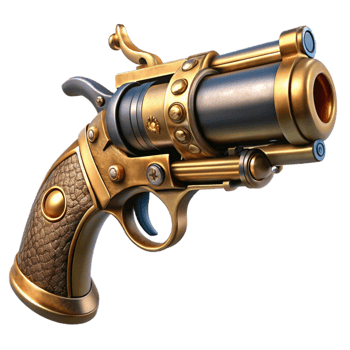 magnificent abstract A steampunk pistol, ornate engravings, polished wood grip, spinning brass cylinder, dramatic lighting, hyperrealistic style professional png