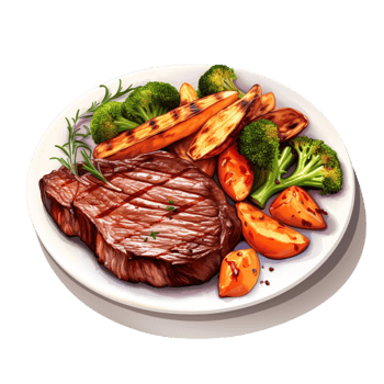 Grilled steak roasted vegetables served on a white plate png