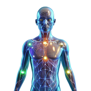 elegant artistic A transparent human body showcasing interconnected neural networks, vibrant lighting, medical illustration, authentic png