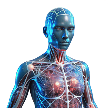 vibrant rustic A transparent human body showcasing interconnected neural networks, vibrant lighting, medical illustration, original png