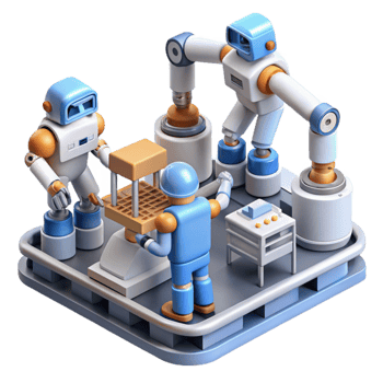 magnificent abstract A group of robots collaborating on a complex task, industrial lighting, futuristic factory, professional png