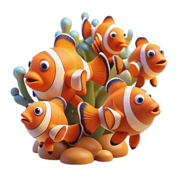 magnificent traditional A school of vibrant clownfish swimming amongst coral reefs, underwater photography style with bright lighting exclusive png